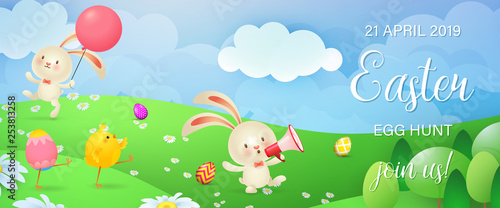 Easter Egg Hunt festive banner design. Cute chicks  bunnies  and colored eggs on flowery meadow. Illustration can be used for posters  flyers  invitation cards