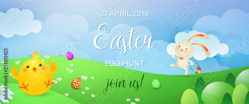 Easter Egg Hunt, join us banner design. Cute bunny with flag, chicken and eggs on meadow. Illustration can be used for posters, flyers, leaflets