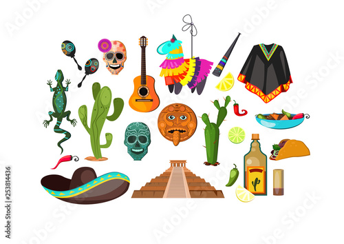 Mexican attributes illustration. Cloth, accessory, national style. Ethnography concept. Vector illustration can be used for topics like Mexica, adventure, trip