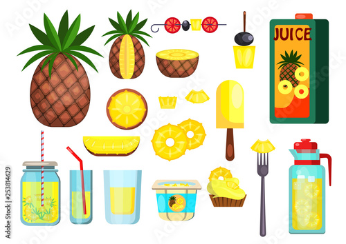 Pineapple set illustration. Pineappe, cocktails and fresh juice on white bacground. Food concept. Vector illustration can be used for topics like beach, resort, vacation