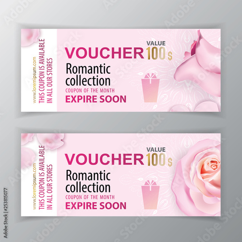 Vector gift voucher template. Universal flyer for business. luxury pink marble with pink roses for department cosmetic, parfume, stores, business. 100 dollars