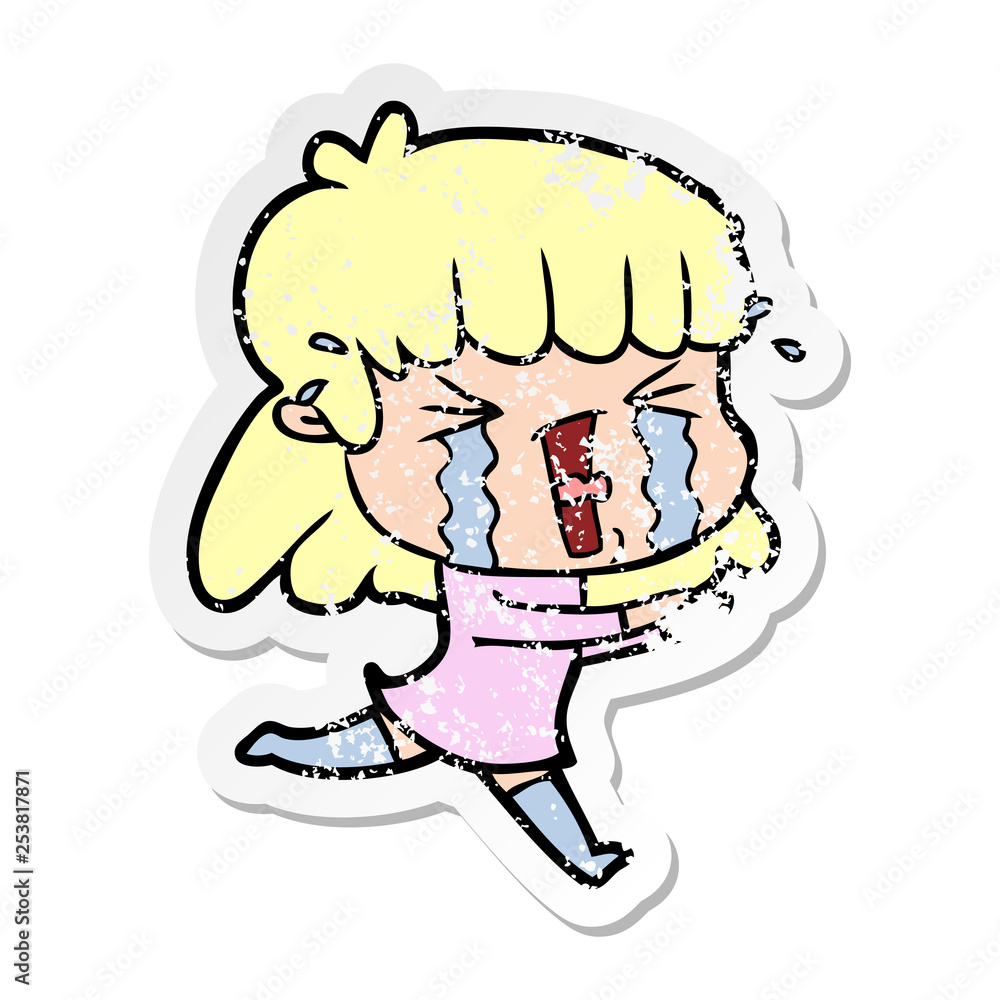 distressed sticker of a cartoon woman in tears