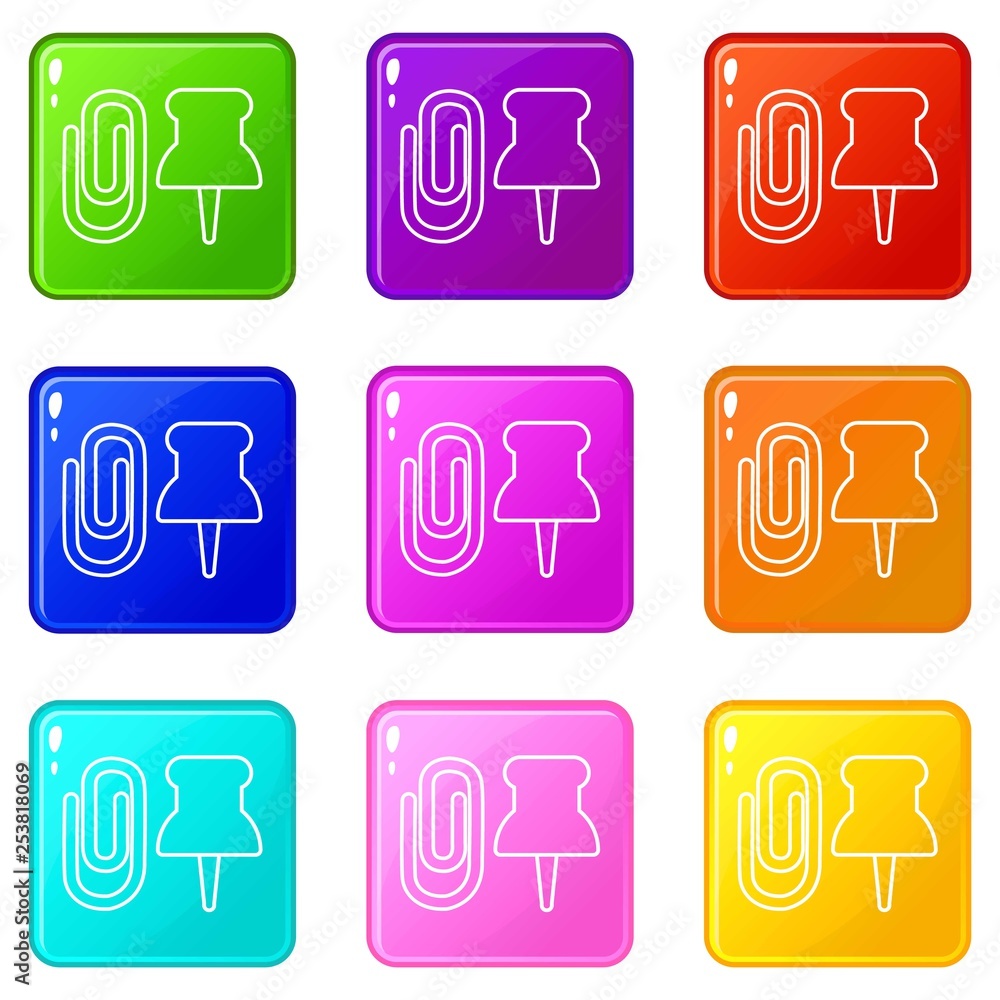Paper clip icons set 9 color collection isolated on white for any design Paper clip icons set 9 color collection isolated on white for any design