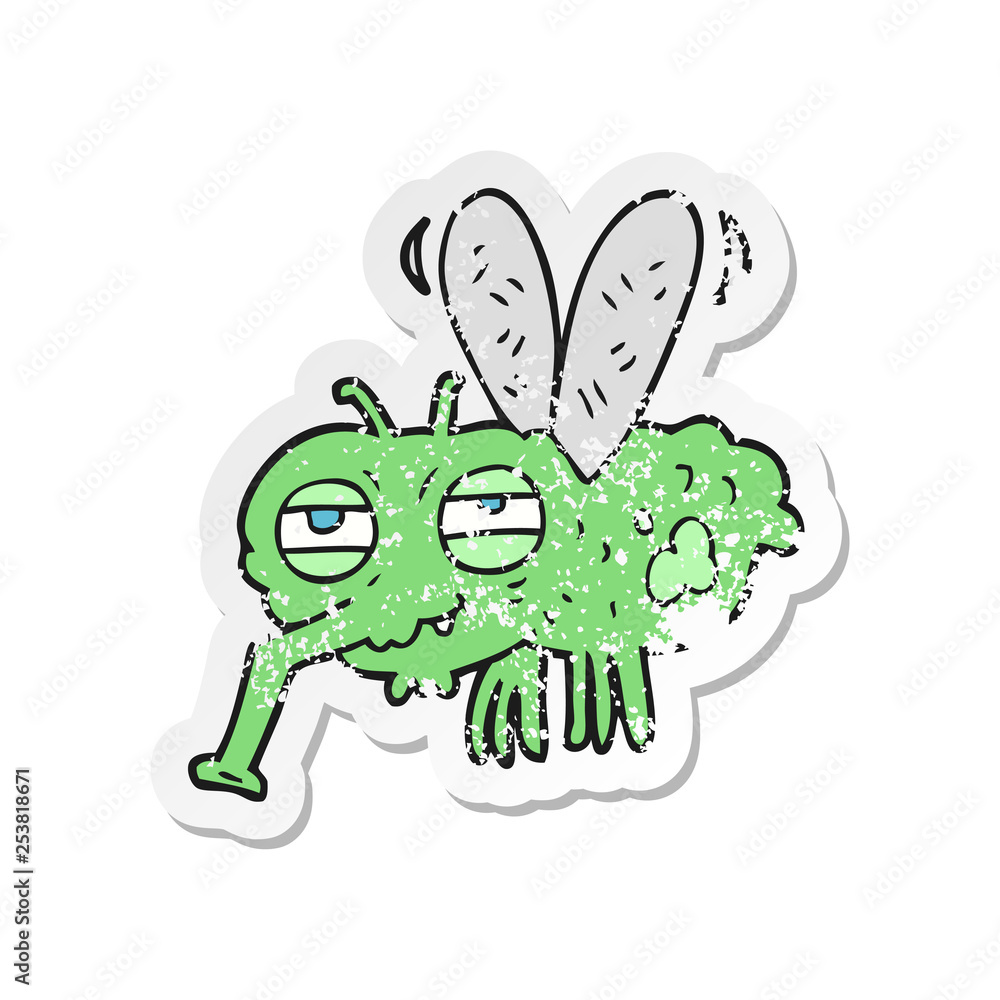 retro distressed sticker of a cartoon fly retro distressed sticker of a cartoon fly