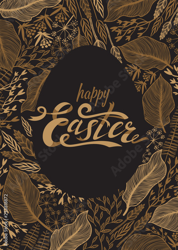Easter greeting card. Easter lettering in gold on dark background with golden...