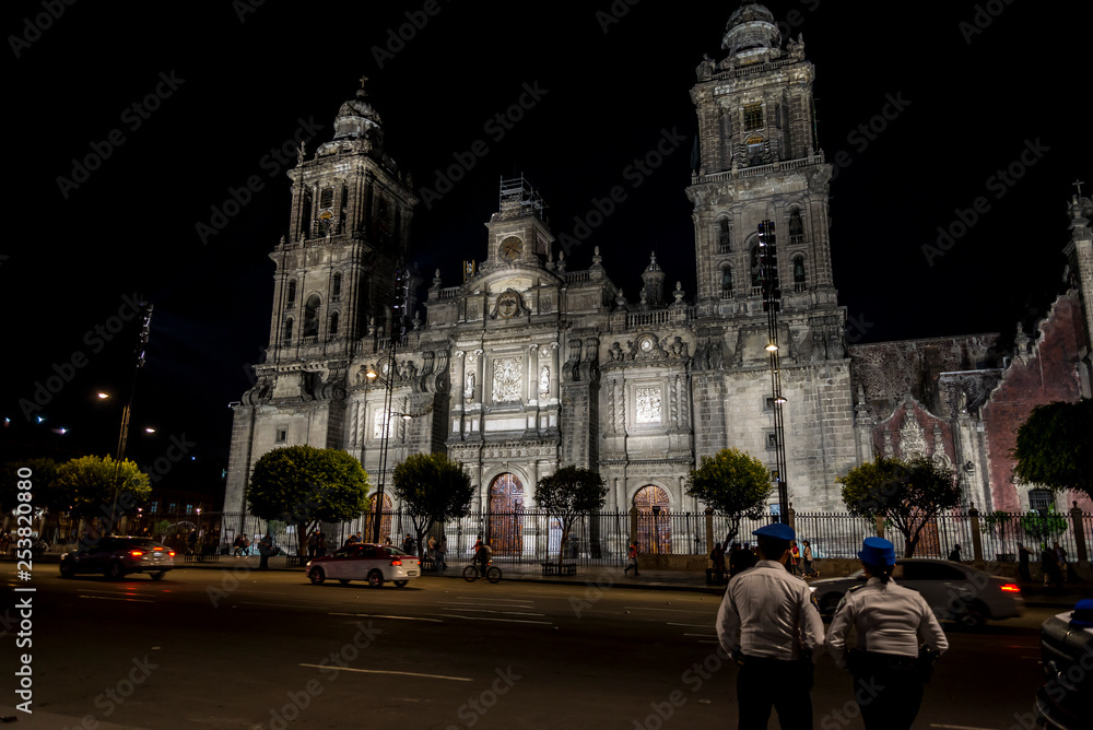 Fototapeta premium Main facade of the Mexico City Metropolitan Cathedral at night, Mexico City, Mexico