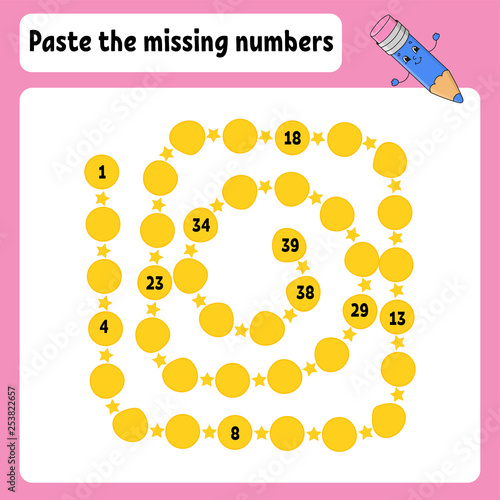 Paste the missing numbers. Handwriting practice. Learning numbers for kids. Education developing worksheet. Activity page. Game for children. Isolated vector illustration in cute cartoon style.