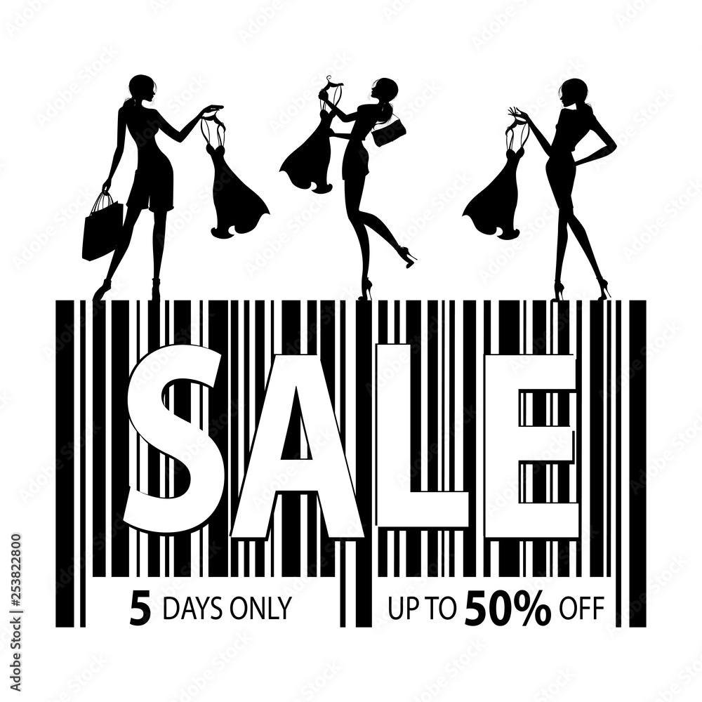 Barcode icon with text sale and black silhouettes of women Barcode icon with text sale and black silhouettes of women
