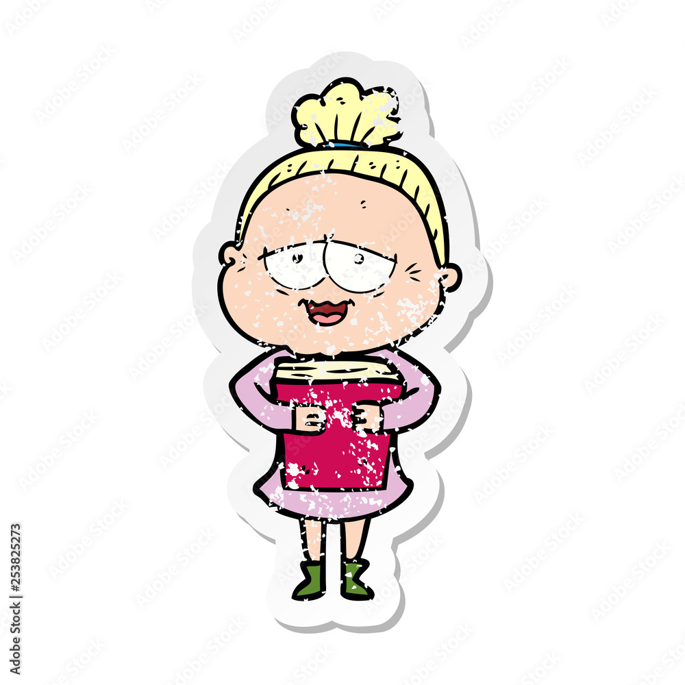 distressed sticker of a cartoon happy old lady distressed sticker of a cartoon happy old lady