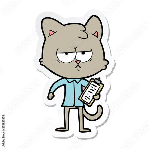 sticker of a bored cartoon cat taking survey