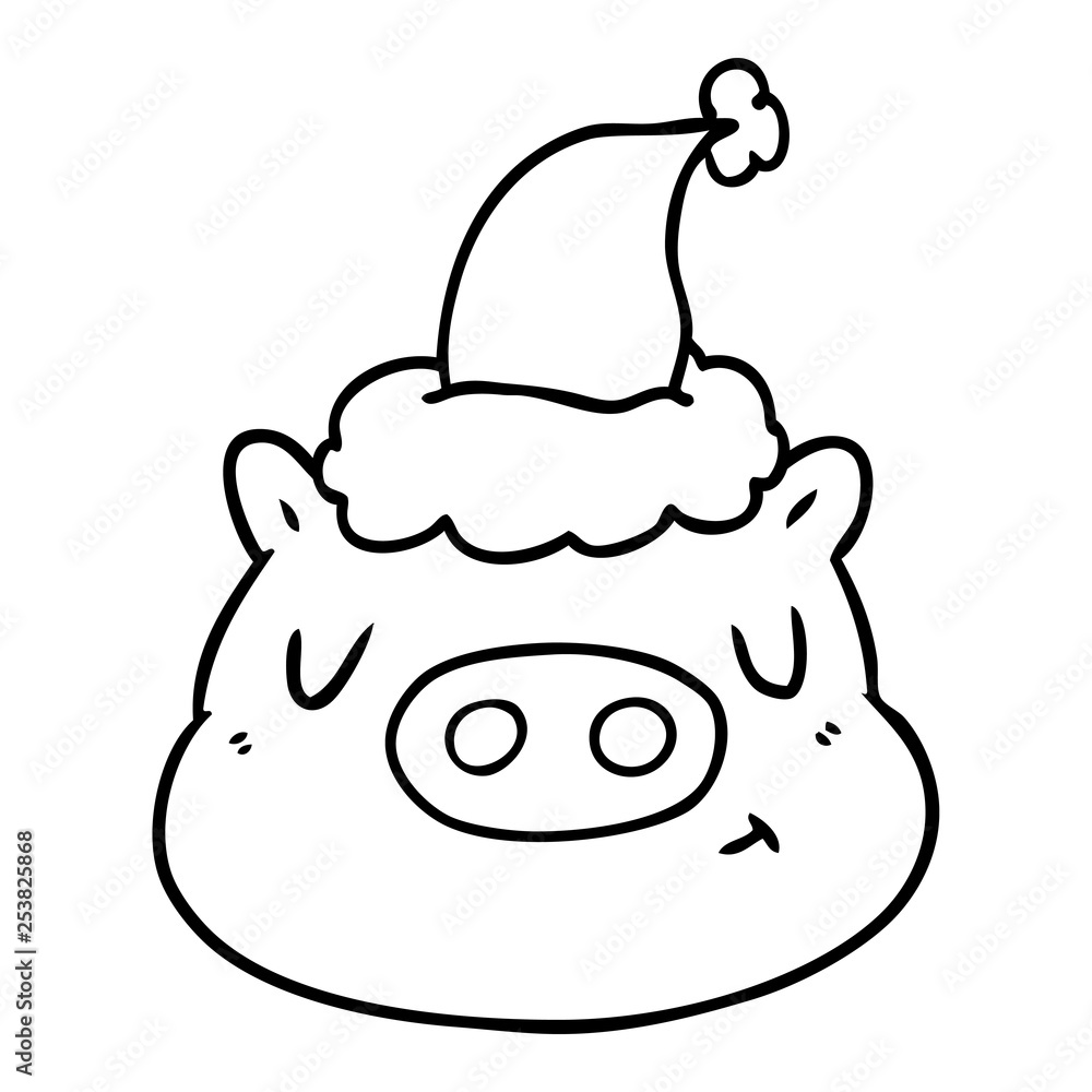line drawing of a pig face wearing santa hat line drawing of a pig face wearing santa hat
