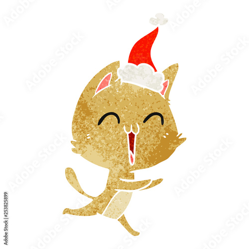 happy retro cartoon of a cat meowing wearing santa hat