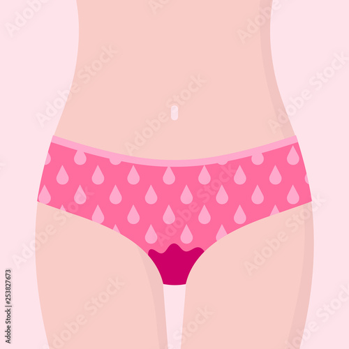 Women period illustration, bikini with blood stain. Menstruation concept. Vector illustration in cartoon flat style