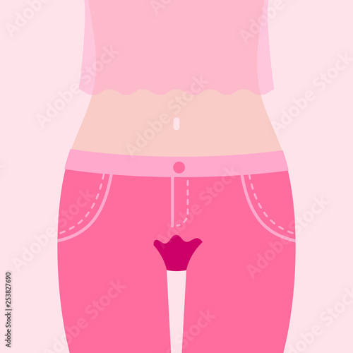 Girl with stain of blood on her jeans. Menstruation concept. Women period vector illustration in cartoon flat style