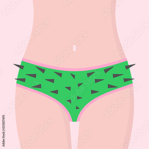 Funny concept barbed bikini shaving, unshaven cactus in the intimate zone. Vector illustration in cartoon flat style.
