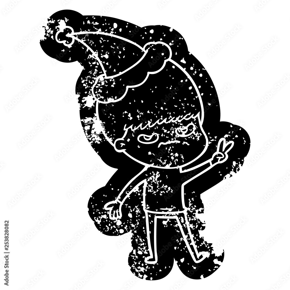 Fototapeta premium annoyed cartoon distressed icon of a boy wearing santa hat