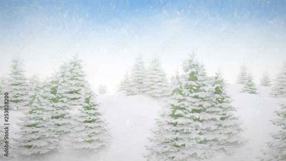 Christmas background digital painting effect winter scenery landscape with falling snow and blue sky Christmas background digital painting effect winter scenery landscape with falling snow and blue sky