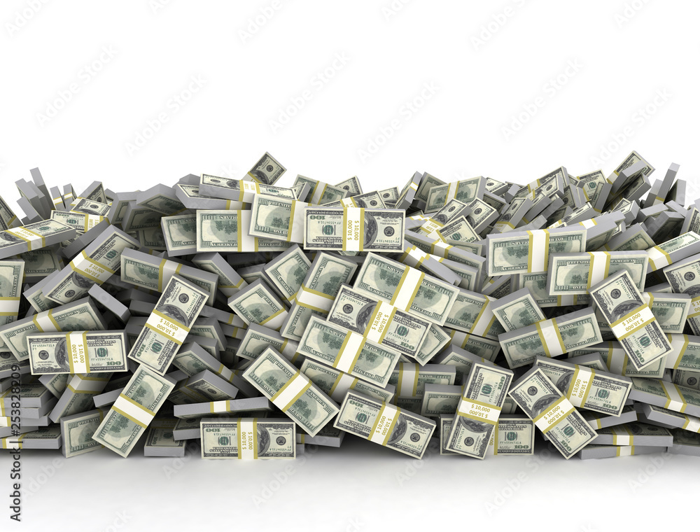 Εκτύπωση καμβά Tall pile of us currency - US dollars isolated stacked on white background