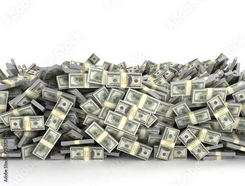 Tall pile of us currency - US dollars isolated stacked on white background. 3d render