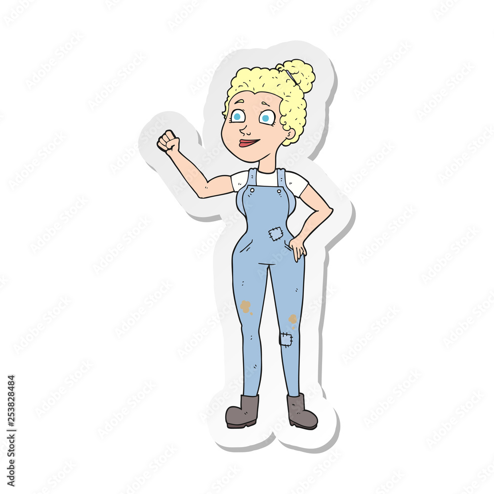 sticker of a cartoon woman in dungarees sticker of a cartoon woman in dungarees