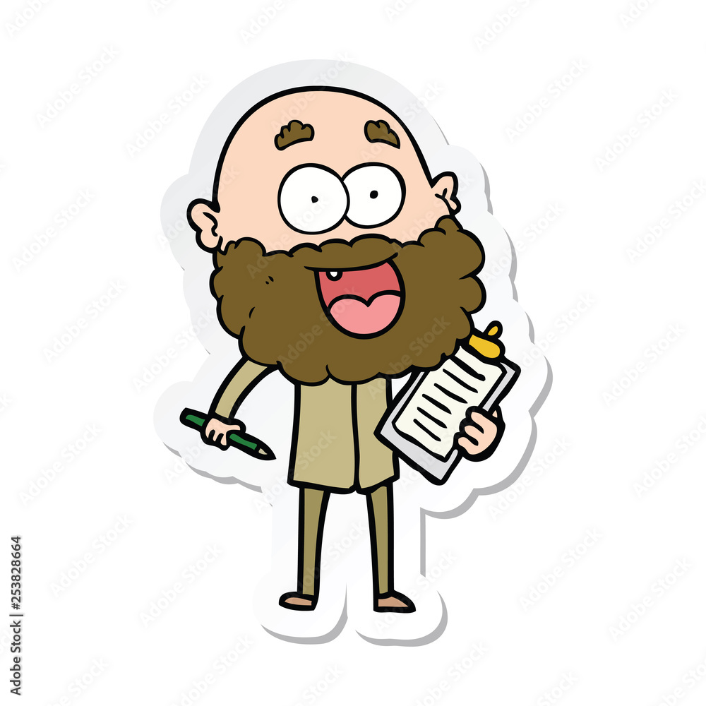 sticker of a cartoon crazy happy man with beard and clip board for notes sticker of a cartoon crazy happy man with beard and clip board for notes