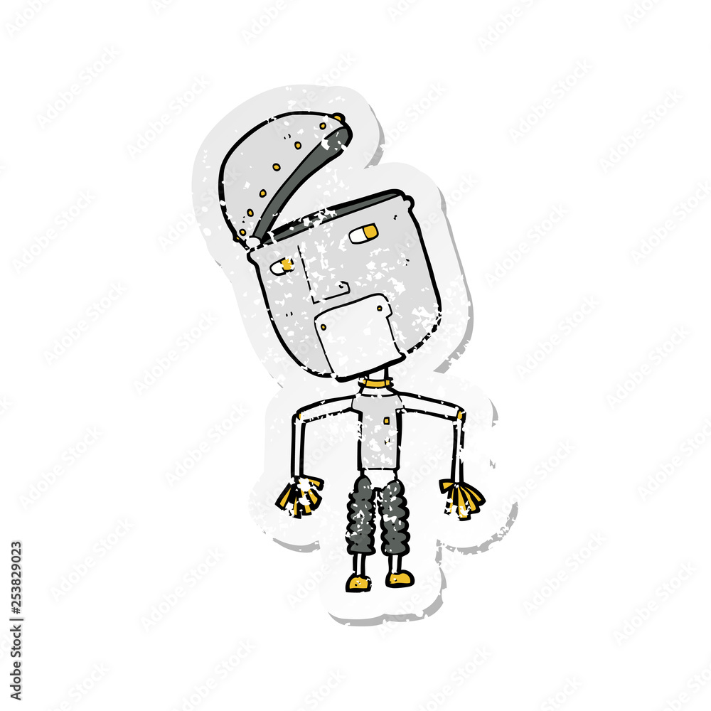 retro distressed sticker of a cartoon funny robot retro distressed sticker of a cartoon funny robot