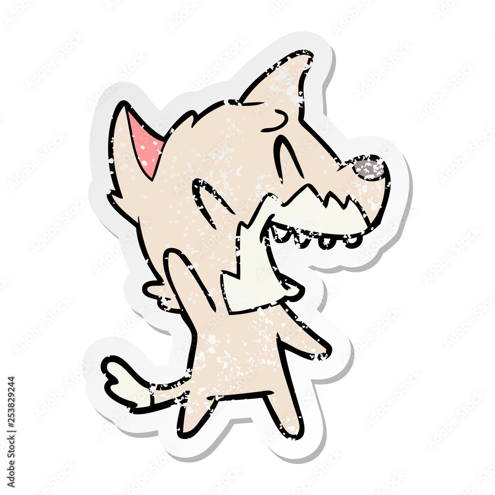 distressed sticker of a laughing fox cartoon distressed sticker of a laughing fox cartoon