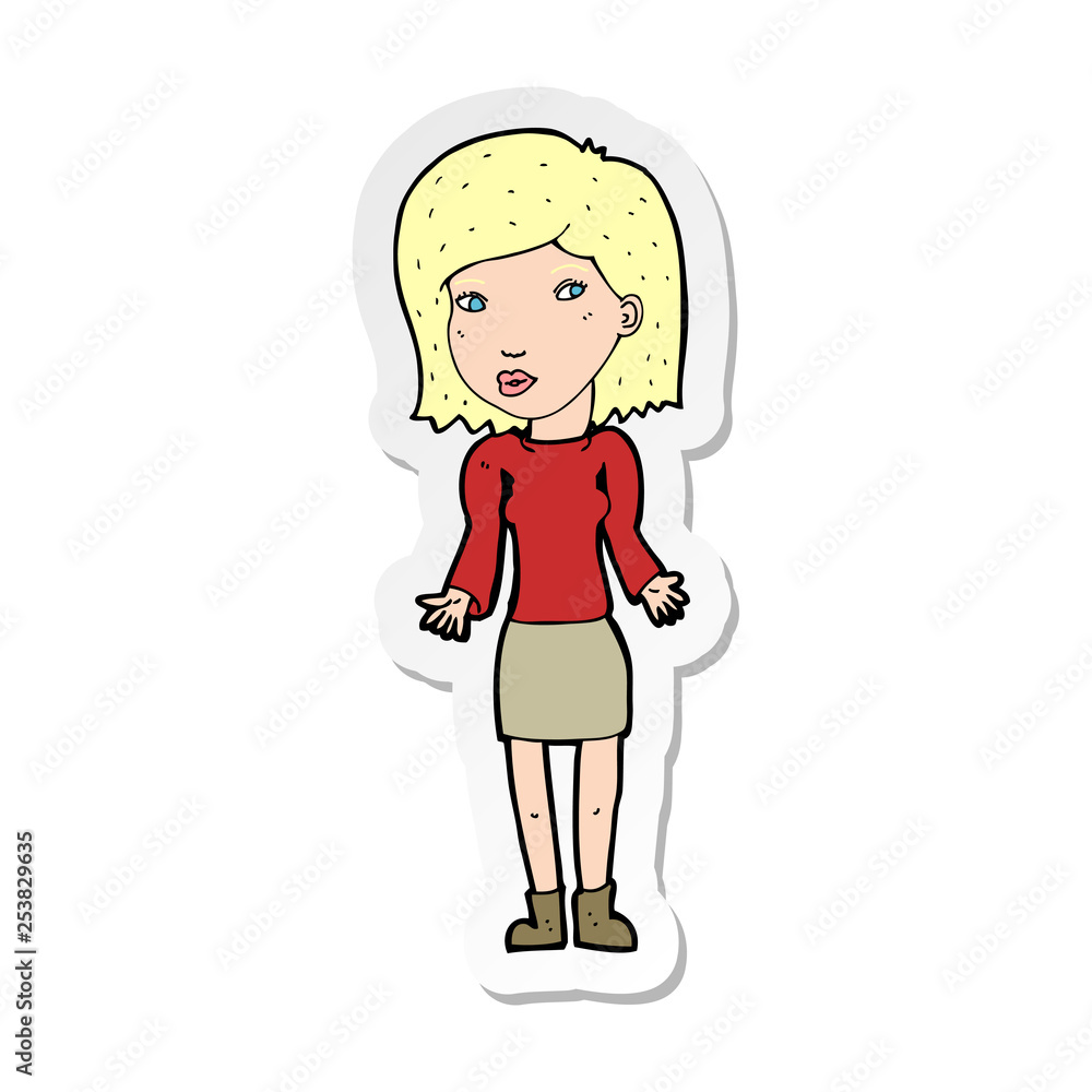 sticker of a cartoon woman shrugging shoulders sticker of a cartoon woman shrugging shoulders