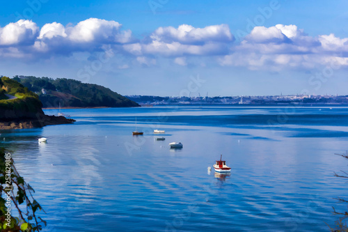 View of a bay in the French Brittany coast with boats and the city of Brest in the background. Digitally filtered photo painting with details slightly flattened and simplified