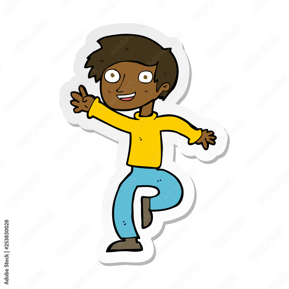 sticker of a cartoon excited boy dancing