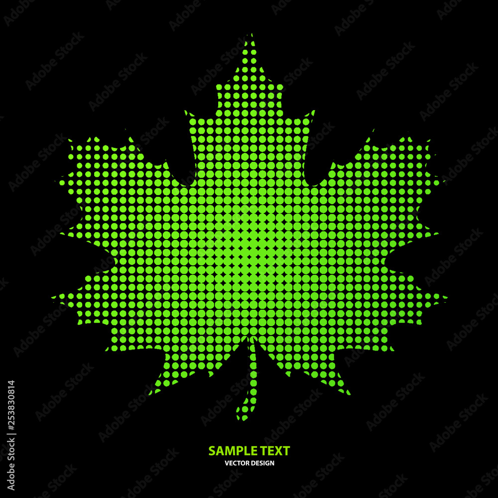Bright maple leaf from small halftone circles on a black background. Bright maple leaf from small halftone circles on a black background.