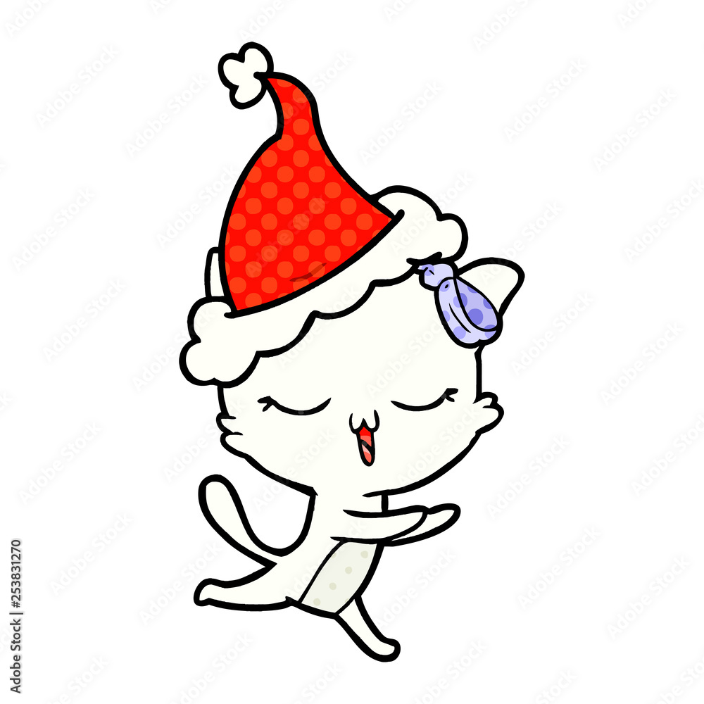 comic book style illustration of a cat with bow on head wearing santa hat comic book style illustration of a cat with bow on head wearing santa hat