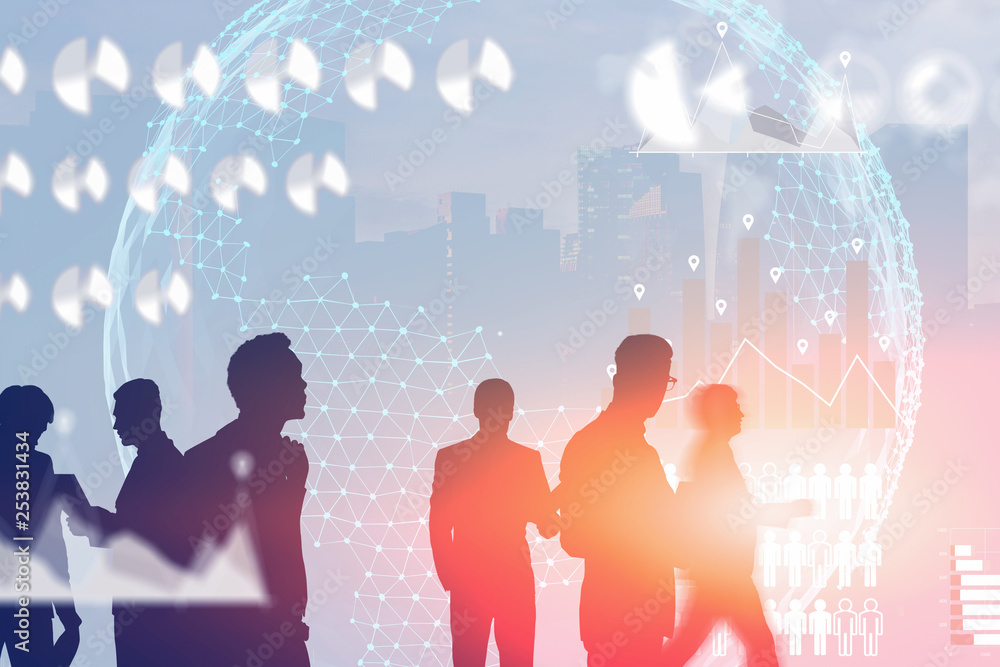 Obraz premium Business team in city, infographics, planet