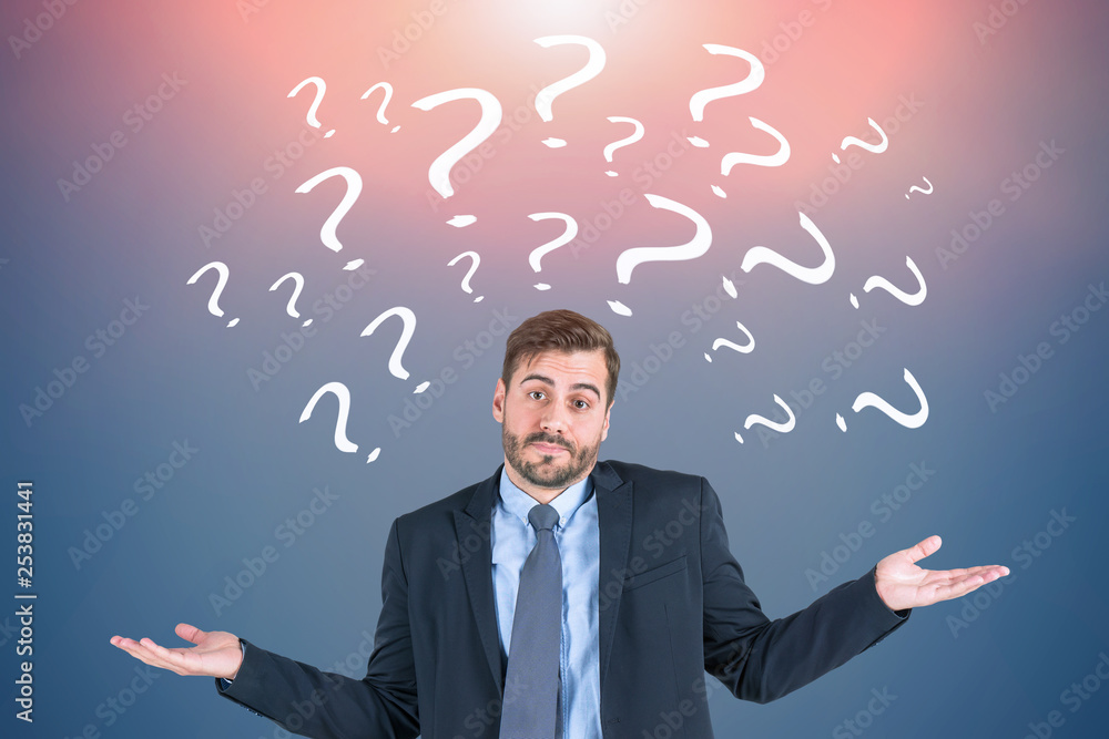 Shrugging shoulders man, question marks blue Shrugging shoulders man, question marks blue