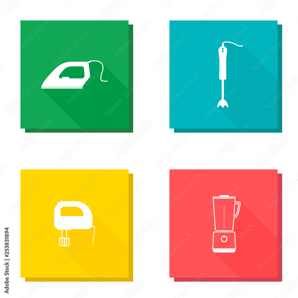 Vector icon set with long shadow home appliances iron, mixer and kitchen stationary blender, hand blender Vector icon set with long shadow home appliances iron, mixer and kitchen stationary blender, hand blender