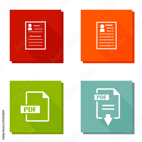 Vector icon set pdf and resume with long shadow.
