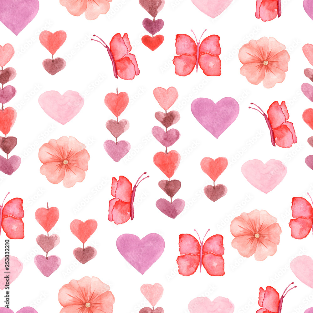 Watercolor cute seamless pattern with flowers, hearts and butterflies in pink,red and violet colors.
