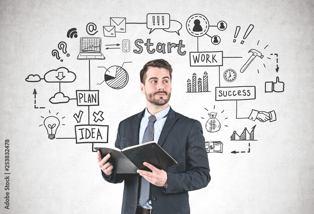 Businessman with planner, startup sketch