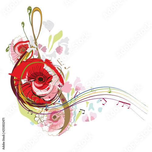 Abstract treble clef decorated with summer and spring flowers, notes. Hand drawn vector illustration.