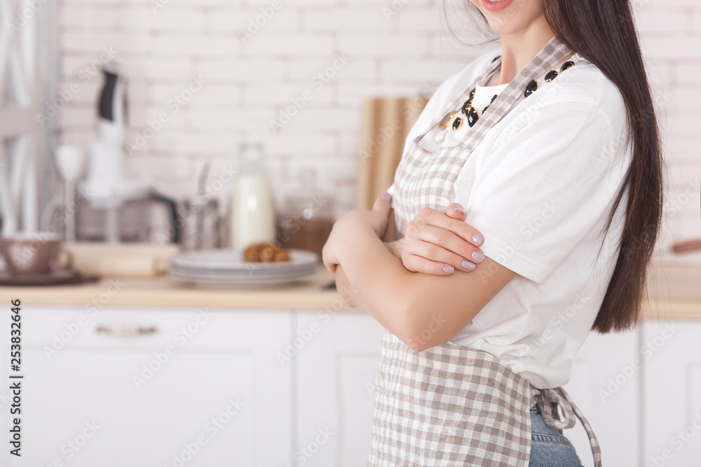 Young housewife on kitchen background. Woman at home kitchen. Female cooking with copy space. Young housewife on kitchen background. Woman at home kitchen. Female cooking with copy space.