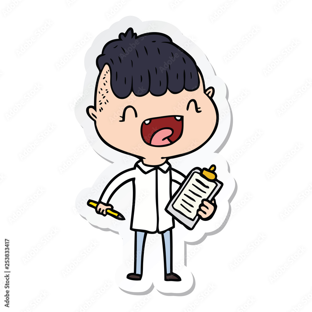 sticker of a cartoon happy boy with clip board laughing sticker of a cartoon happy boy with clip board laughing