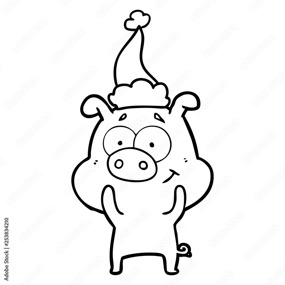 happy line drawing of a pig wearing santa hat happy line drawing of a pig wearing santa hat