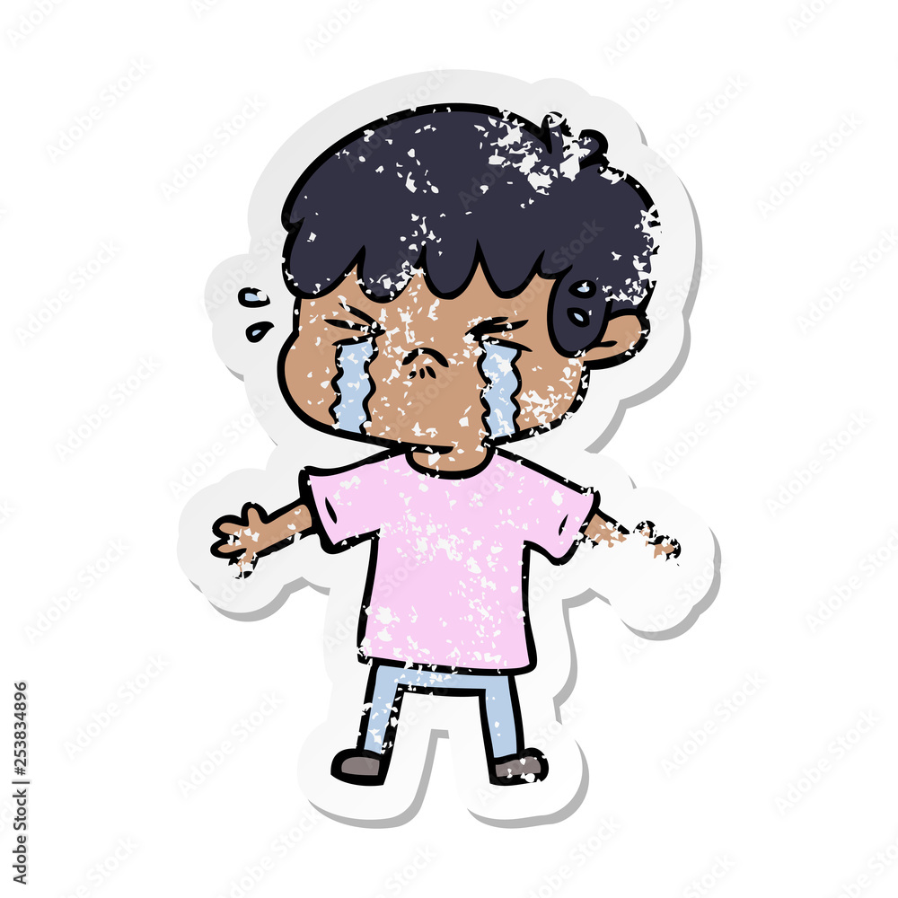 distressed sticker of a cartoon boy crying distressed sticker of a cartoon boy crying