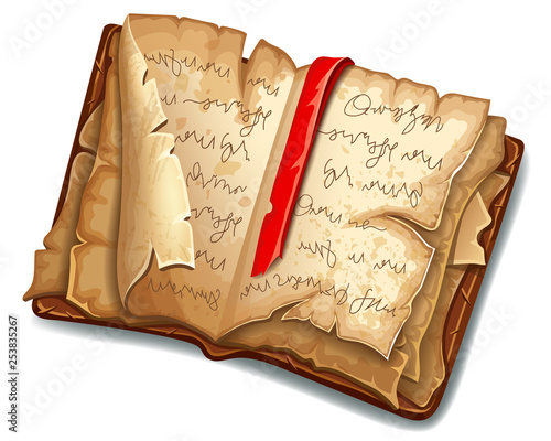 Isometric old book of magic spells and witchcraft with torn pages for computer game. Fairy tale icon in cartoon style. 3d isolated vector illustration.