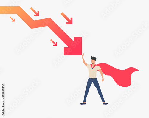 Business man superhero stopping falling down arrow graph