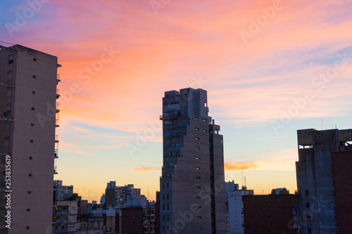 Sunset over the Rosario city buildings