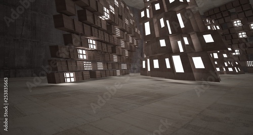 Abstract white and brown concrete parametric interior. 3D illustration and rendering.3d,abstract,architectural,architecture,art,atrium,background,brown,building,cement,circle,composition,concrete,cons