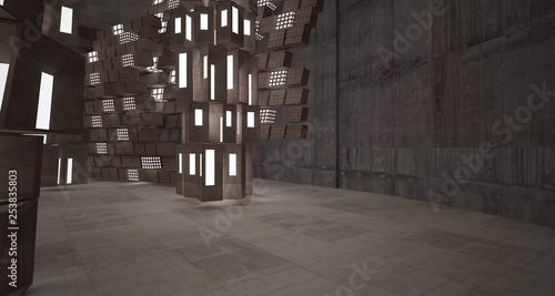 Abstract white and brown concrete parametric interior. 3D illustration and rendering.3d abstract architectural architecture art atrium background brown building cement circle composition concrete cons