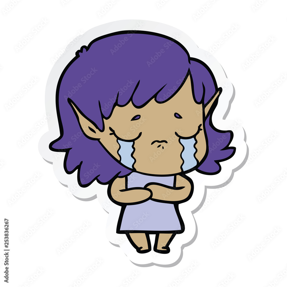 sticker of a cartoon crying elf girl sticker of a cartoon crying elf girl