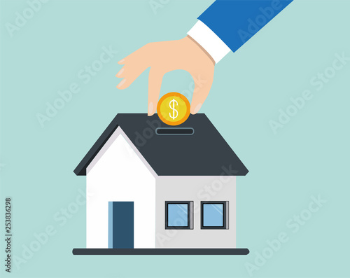 Vector of a hand dropping a coin in piggy bank house